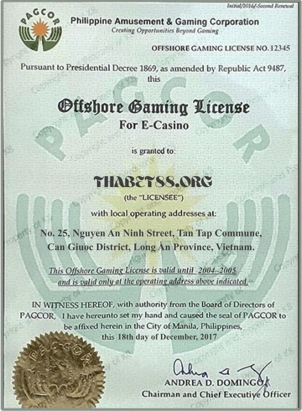 chứng nhận PAGCOR Thabet